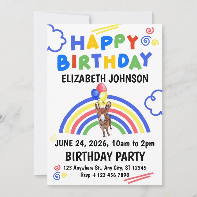 Donkey Birthday Invitation White Einladung (Vorderseite)