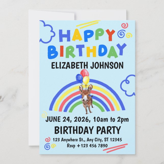 Donkey Birthday Party Invitation Blue Einladung (Vorderseite)