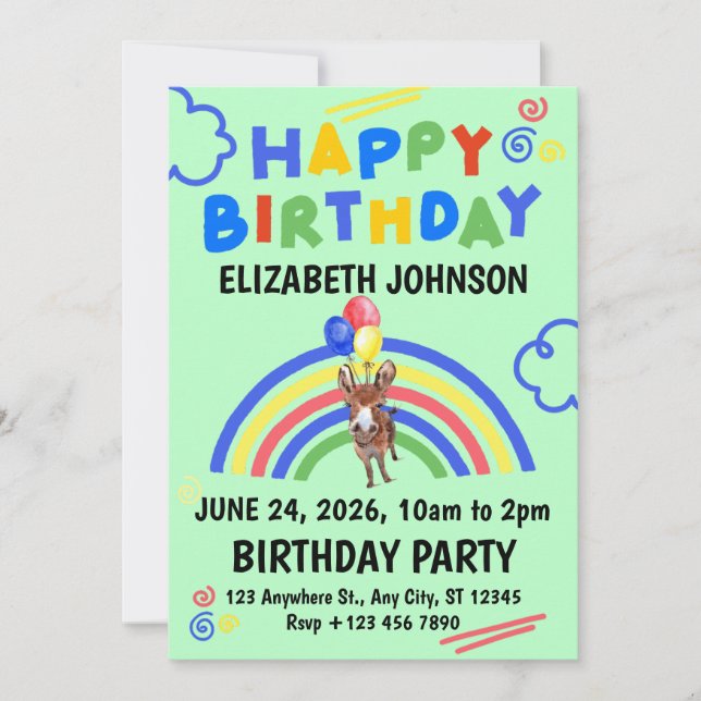 Donkey Birthday Party Invitation Green Einladung (Vorderseite)