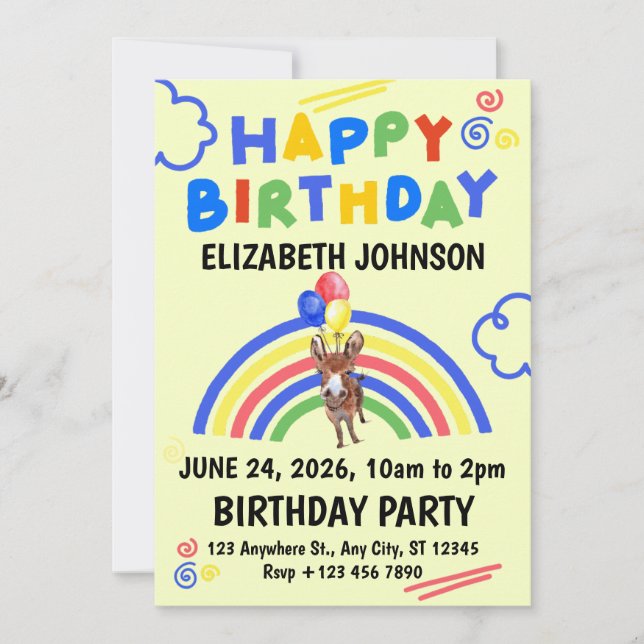 Donkey Birthday Party Invitation Yellow Einladung (Vorderseite)