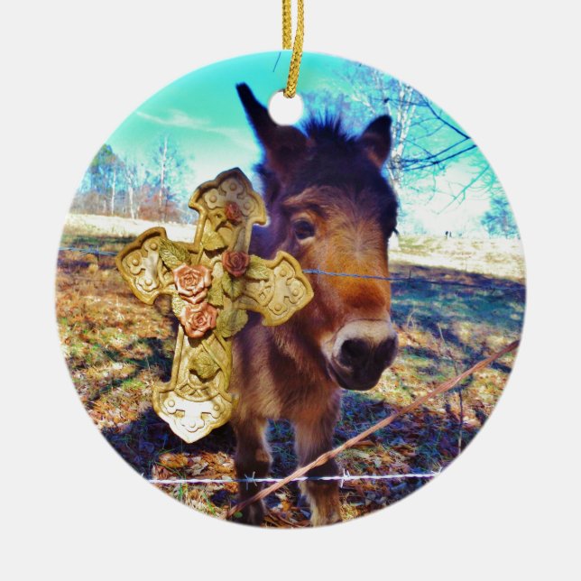 Donkey mit Rose Cross Keramik Ornament (Vorne)