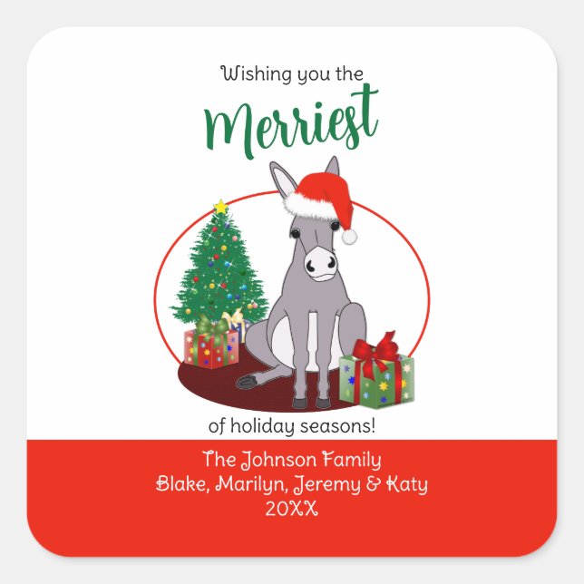 Donkey mit Weihnachtsmannmütze Weihnachtsdesign Quadratischer Aufkleber (Vorderseite)