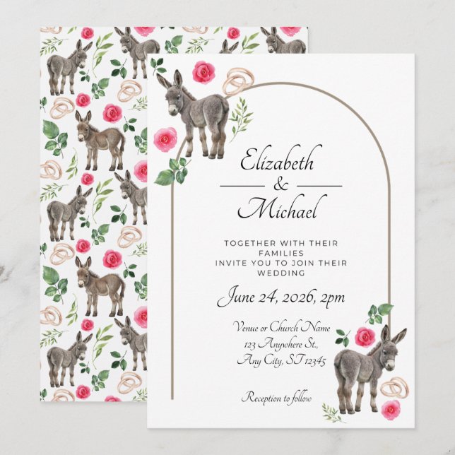 Donkey Pink Floral Rustic Wedding Einladung (Vorne/Hinten)