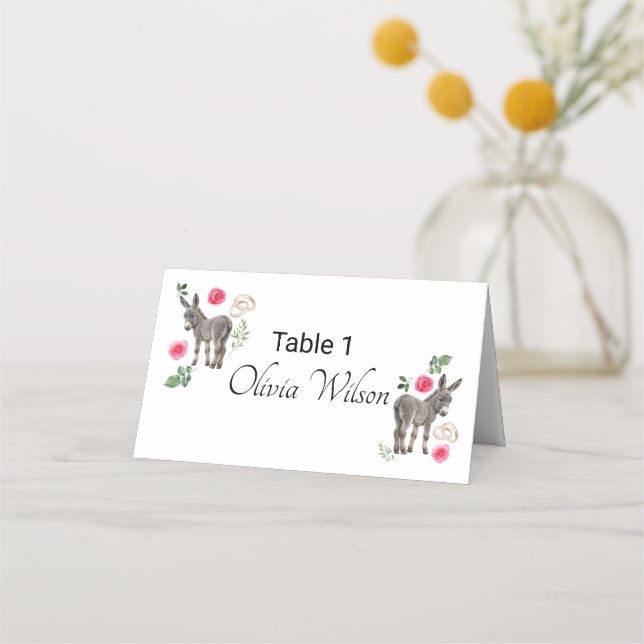 Donkey Pink Floral Rustic Wedding Platzkarte (Vorderseite)
