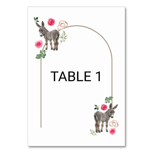 Donkey Pink Floral Rustic Wedding Tischnummer (Vorderseite)