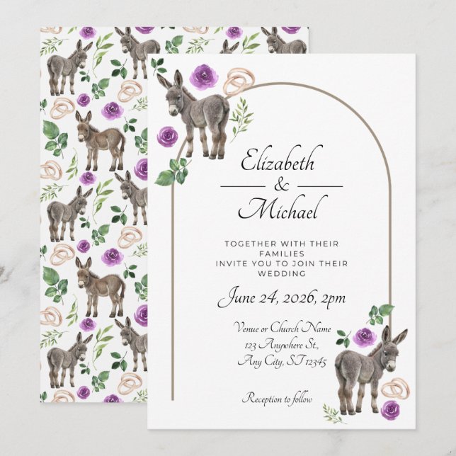 Donkey Purple Floral Rustic Wedding Einladung (Vorne/Hinten)