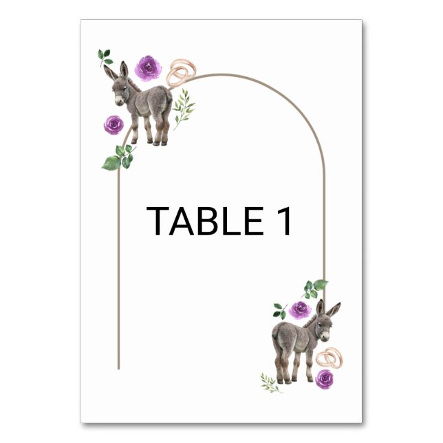 Donkey Purple Floral Rustic Wedding  Tischnummer (Vorderseite)