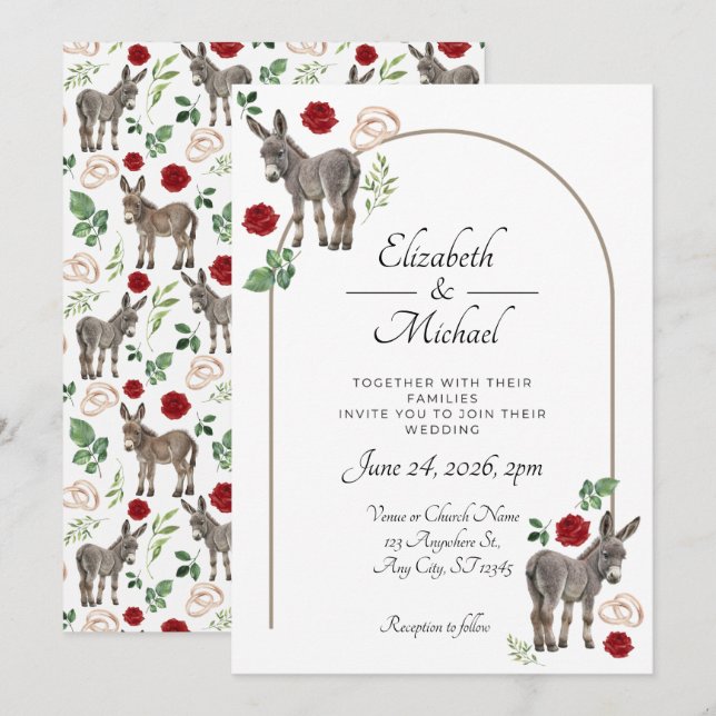 Donkey Red Floral Wedding Invitation  (Devant / Derrière)