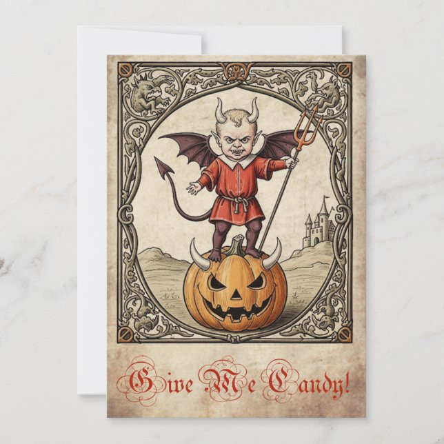 "Donne-Moi Du Bonbon !" Carte d'Halloween diaboliq (Devant)
