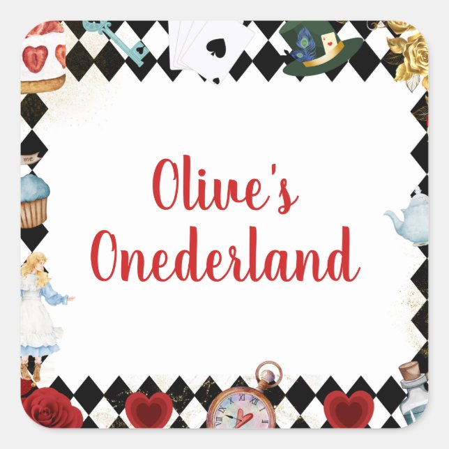 "Don't Be Late" Alice in ONEderland First Birthday Quadratischer Aufkleber (Vorderseite)