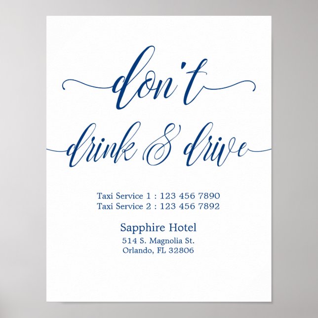 Don't Drink & Drive Wedding Sign in Navy Blue Poster (Vorne)