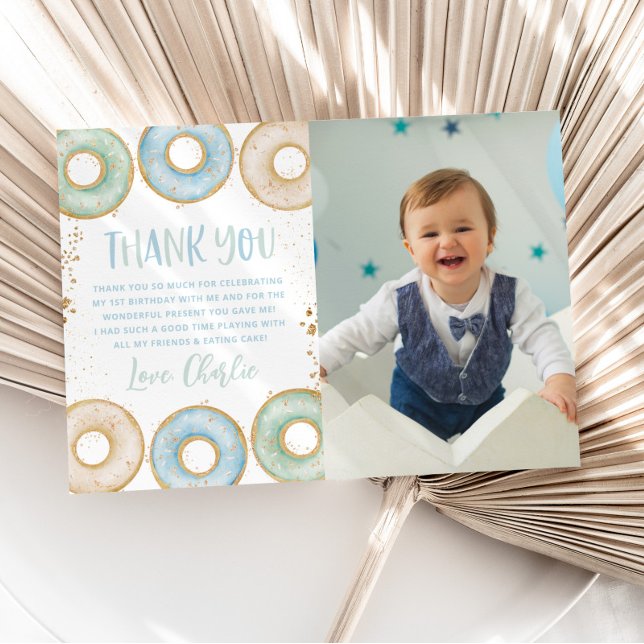 Donut 1st Birthday Party Thank You Card with Photo Dankeskarte (Von Creator hochgeladen)