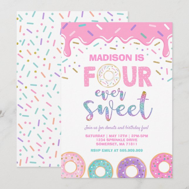 Donut 4. Geburtstag Einladung Donut Vier je Sweet (Vorne/Hinten)