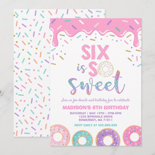 Donut 6. Geburtstag Einladung Donut sechs ist süß (Vorne/Hinten)