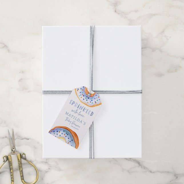 Donut Baby Dusche blau Danke modern Geschenkanhänger (Mit Garn)