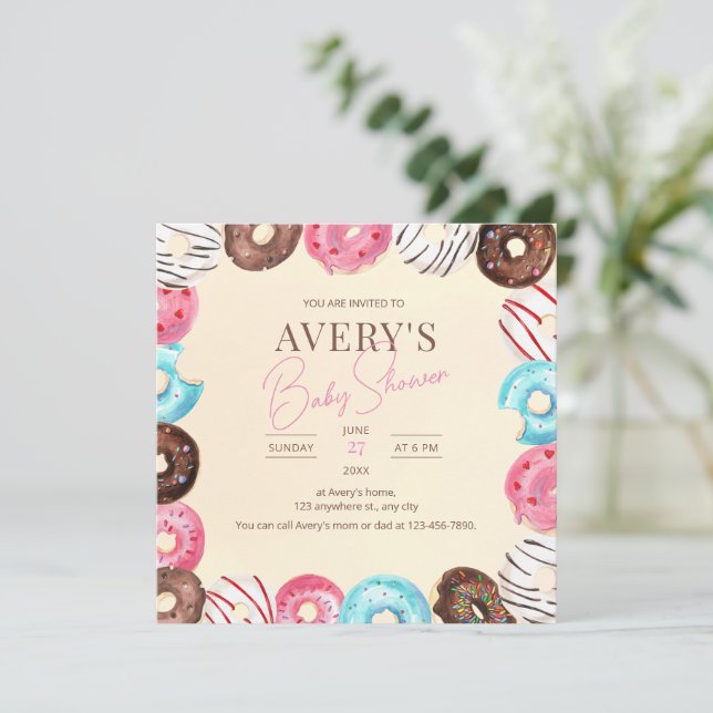 Donut Baby Sprinkle Einladung, Donuts Babydusche Einladung (Stehend Vorderseite)
