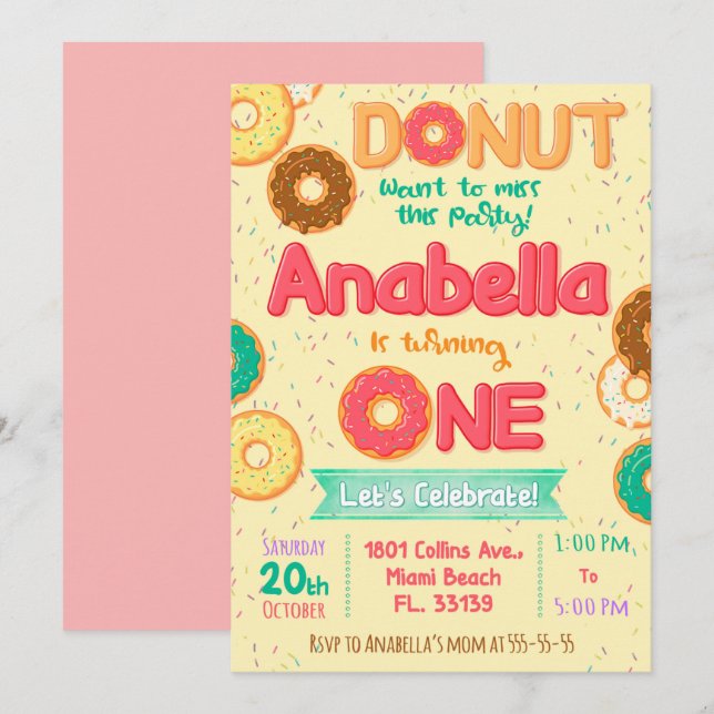 Donut Birthday Einladung, Donut Party Einladung (Vorne/Hinten)