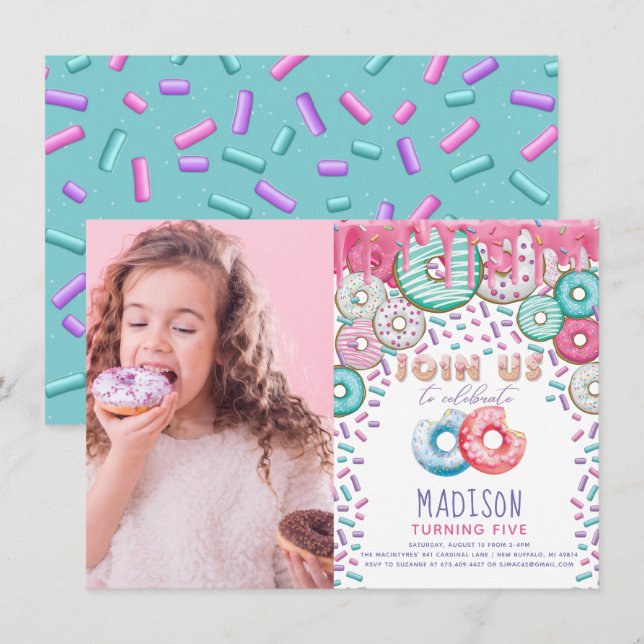 Donut Birthday Foto Sprinkles farbenfroh Einladung (Vorne/Hinten)