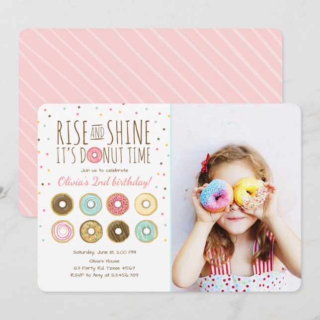 Donut Birthday Party Einladung Rise und Shine (Vorne/Hinten)
