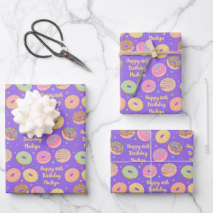 Donut Birthday Wrapping Paper Sheets - Lila rosa Geschenkpapier Set