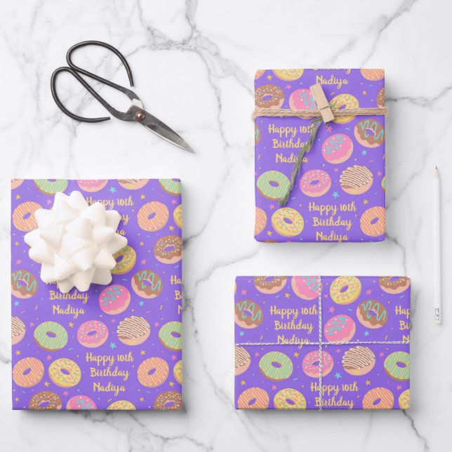 Donut Birthday Wrapping Paper Sheets - Lila rosa Geschenkpapier Set (Vorderseite)