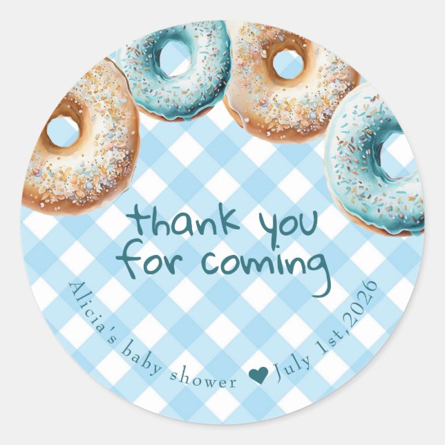 Donut | Blue Gingham Boy Baby Dusche Vielen Dank Runder Aufkleber (Vorderseite)