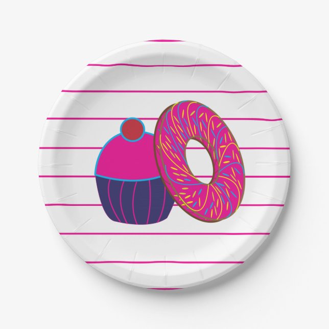 Donut Cupcake Pink Stripe Muster Pappteller (Vorderseite)