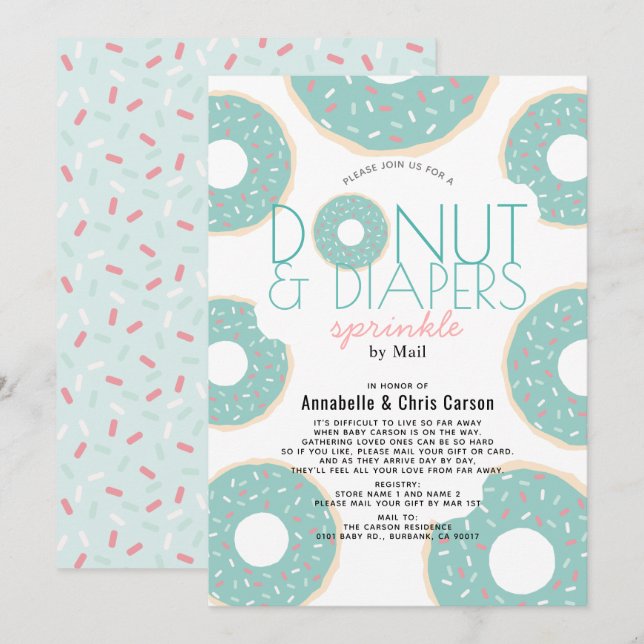 Donut & Diapers Sprinkle Mint Baby Dusche per Mail Einladung (Vorne/Hinten)