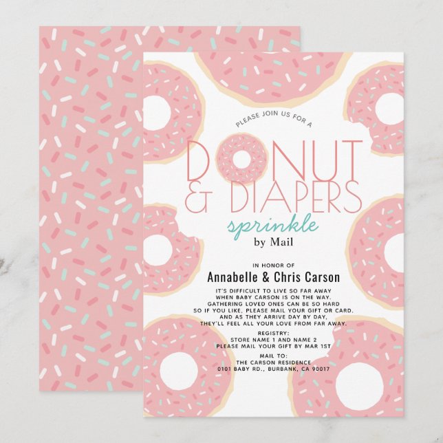 Donut & Diapers Sprinkle Pink Baby Dusche per Mail Einladung (Vorne/Hinten)