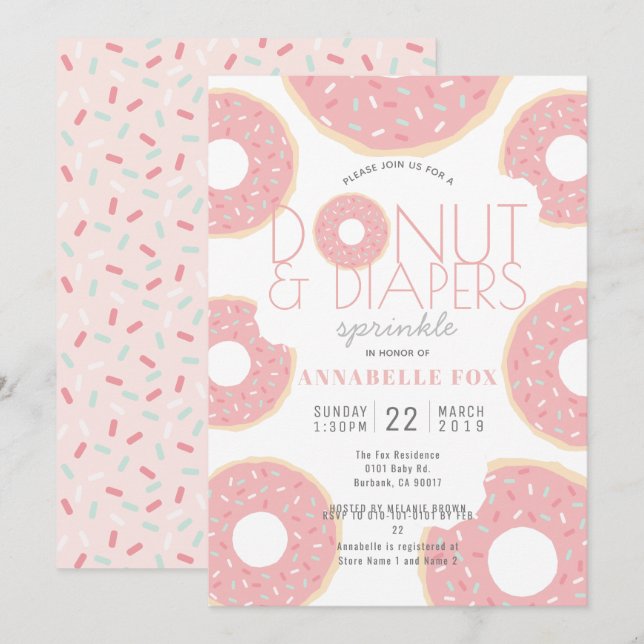 Donut & Diapers Sprinkle Pink Babydusche Einladung (Vorne/Hinten)