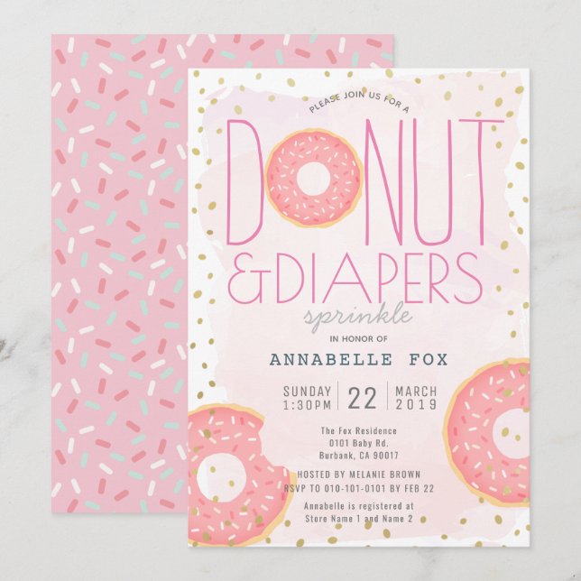 Donut & Diapers Sprinkle Pink Gold Baby Dusche Einladung (Vorne/Hinten)
