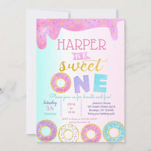 Donut First Birthday Party Invitations Sweet One (Devant)