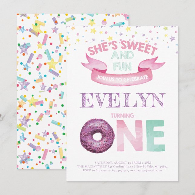 Donut First Birthday Watercolor Einladung (Vorne/Hinten)
