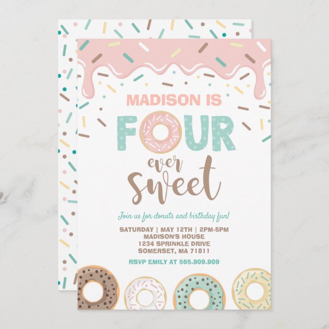 Donut Four Ever Sweet Invitation Donut 4e annivers (Devant / Derrière)