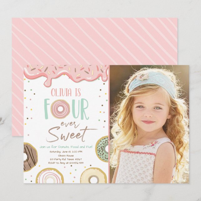 Donut Four je Sweet Girl 4. Geburtstag Einladung (Vorne/Hinten)