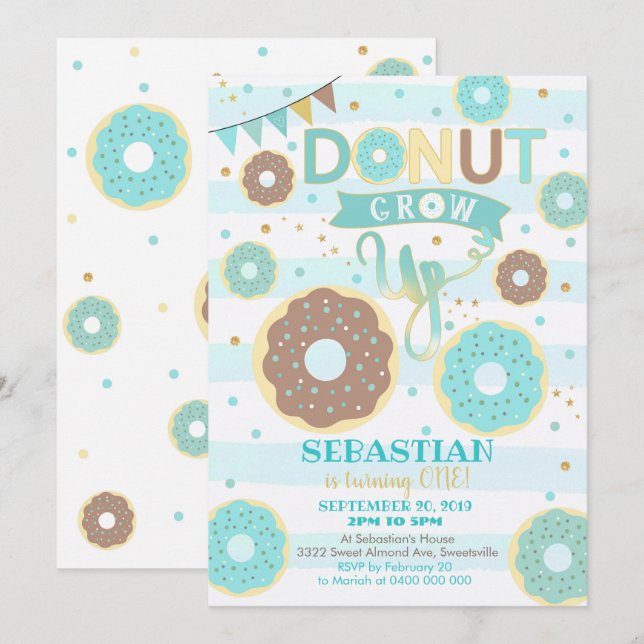 Donut Grow Up 1st Birthday Invitation Garçon Donut (Devant / Derrière)