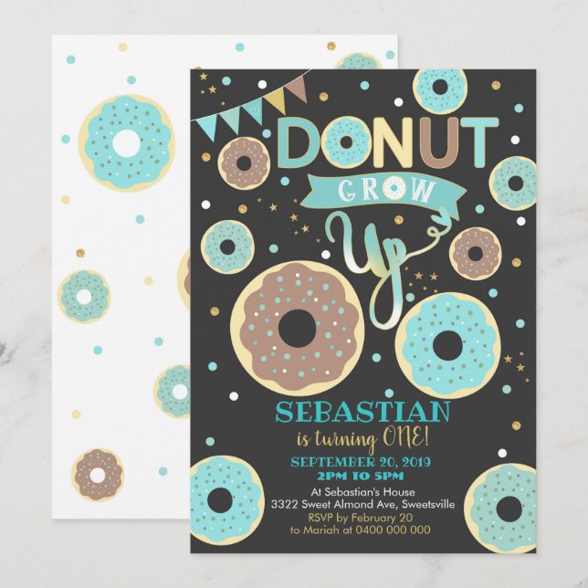 Donut Grow Up 1st Birthday Invitation Garçon Donut (Devant / Derrière)