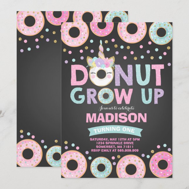 Donut Grow Up Anniversaire Invitation Donut & Unic (Devant / Derrière)