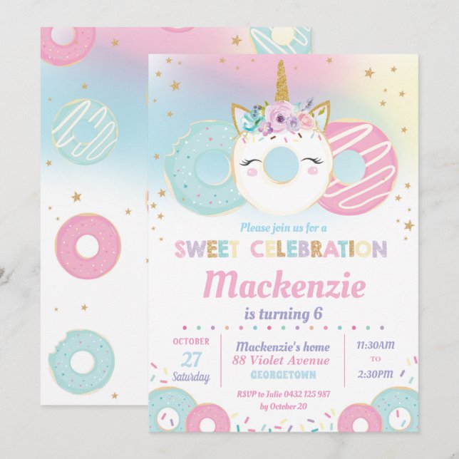 Donut Grow Up Birthday Party Unicorn Doughnut Einladung (Vorne/Hinten)