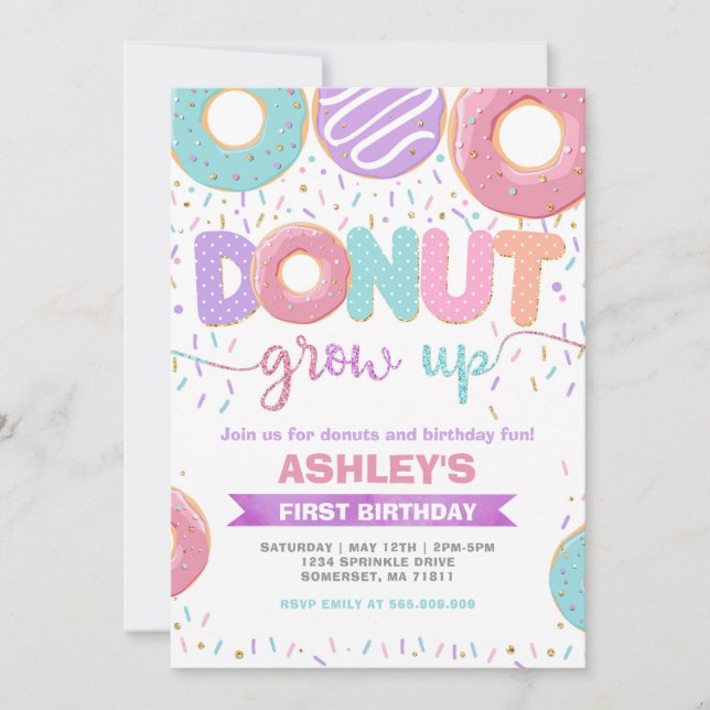 Donut Grow Up First 1st Birthday Invitation Einladung (Vorderseite)