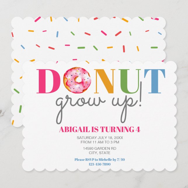 Donut Grow Up Niedliche Geburtstag Sprinklen Party Einladung (Vorne/Hinten)