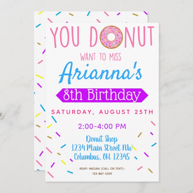 Donut, Invitation du Parti Anniversaire de enfant  (Devant / Derrière)