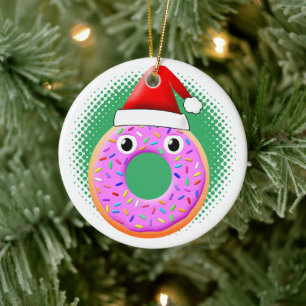 Donut mit Augen und Streuseln Weihnachtsmannmütze  Keramik Ornament