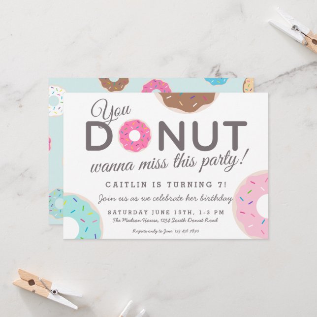 Donut-Party Einladungen | Donut Birthday Party (Vorderseite/Rückseite Beispiel)