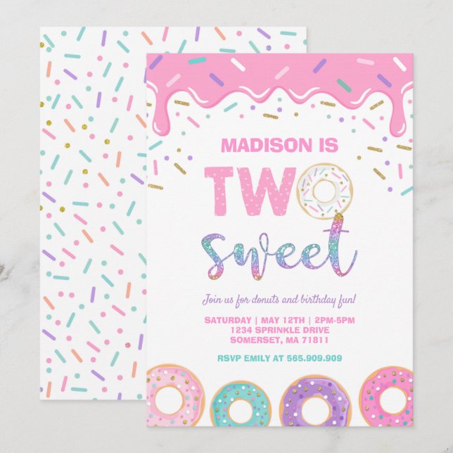 Donut Party Rosa: zwei süße Birthday einladen Einladung (Vorne/Hinten)