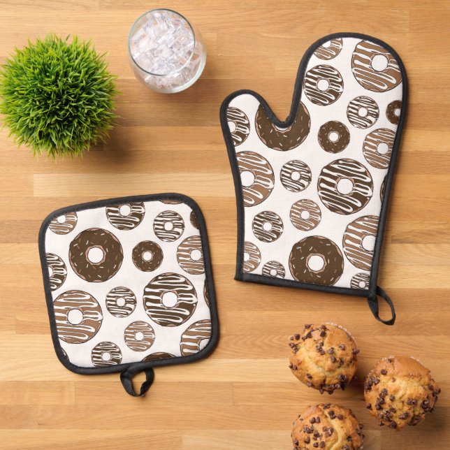 Donut Pattern, Chocolate Donuts, Karamel Donuts Ofenhandschuh & Topflappen-Set (Oben Unten)