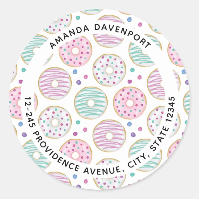 Donut Pattern Niedliche farbige Adresse Runder Aufkleber (Vorderseite)