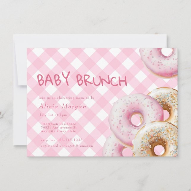 Donut | Pink Gingham Girl Baby Shower Einladung (Vorderseite)