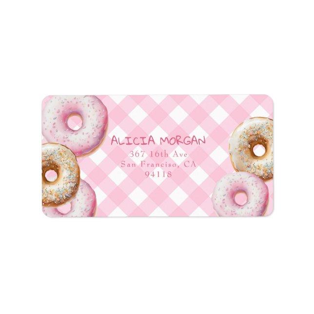 Donut | Pink Gingham Rücksendeadresse Adressaufkleber (Vorne)