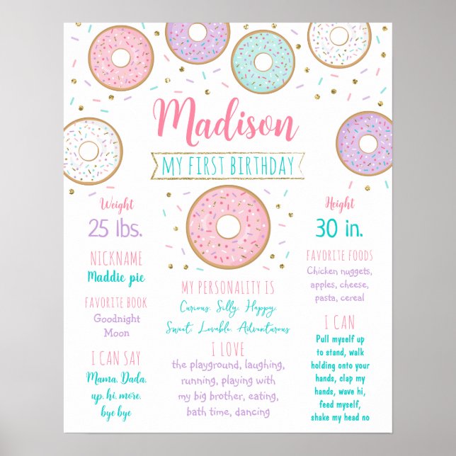 Donut Pink Gold Erster Geburtstag Meilenstein Poster (Vorne)